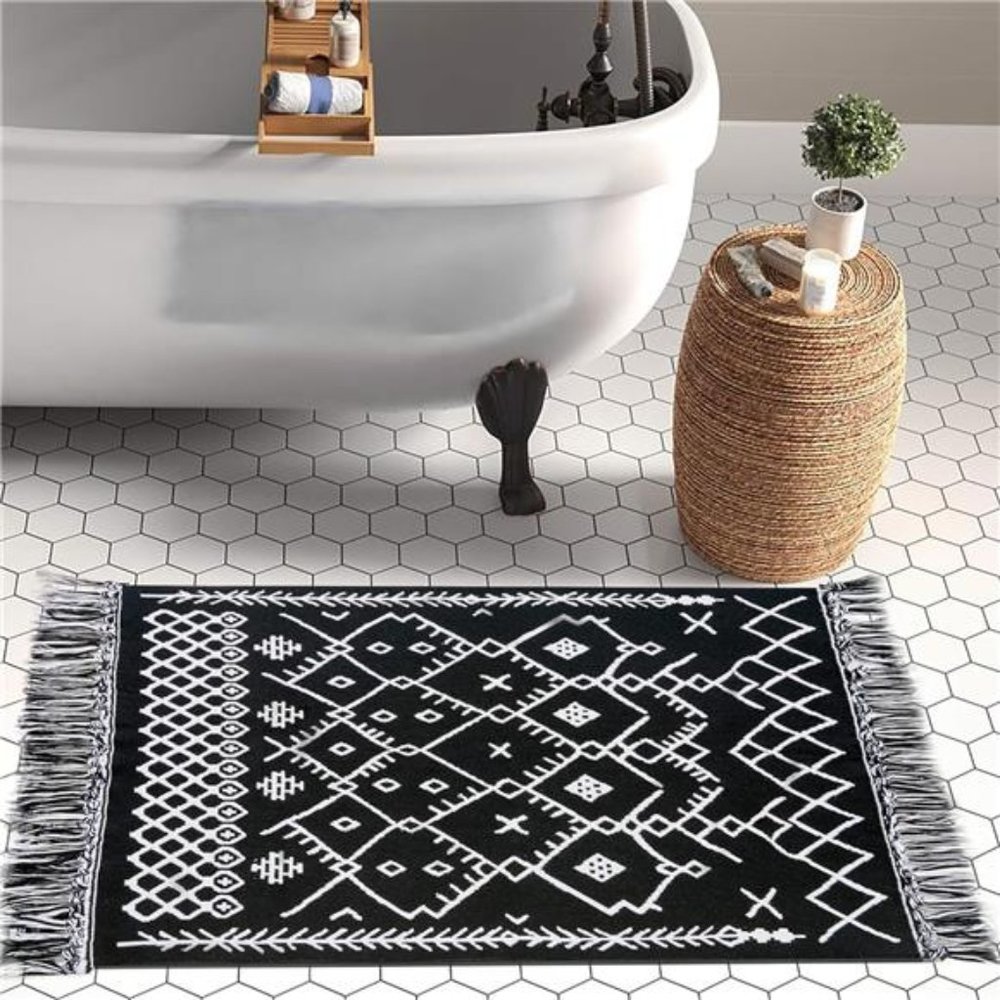 Upgraded Boho Bathroom Rug 2'x3',100% Woven Boho Rug for Bedroom Black White Rug